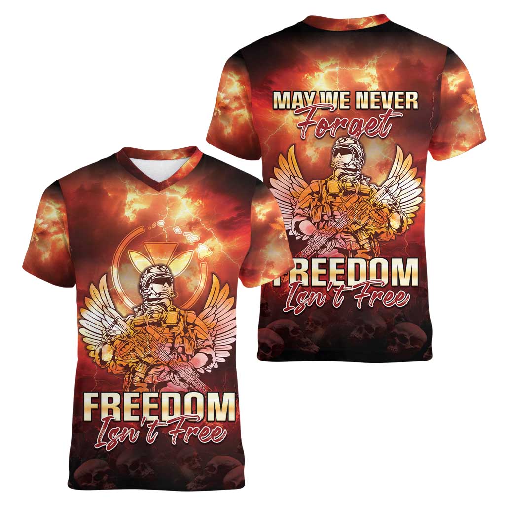 Hawaii Veterans Day Women V-Neck T-Shirt May We Never Forget Freedom Isn't Free LT05 - Polynesian Pride