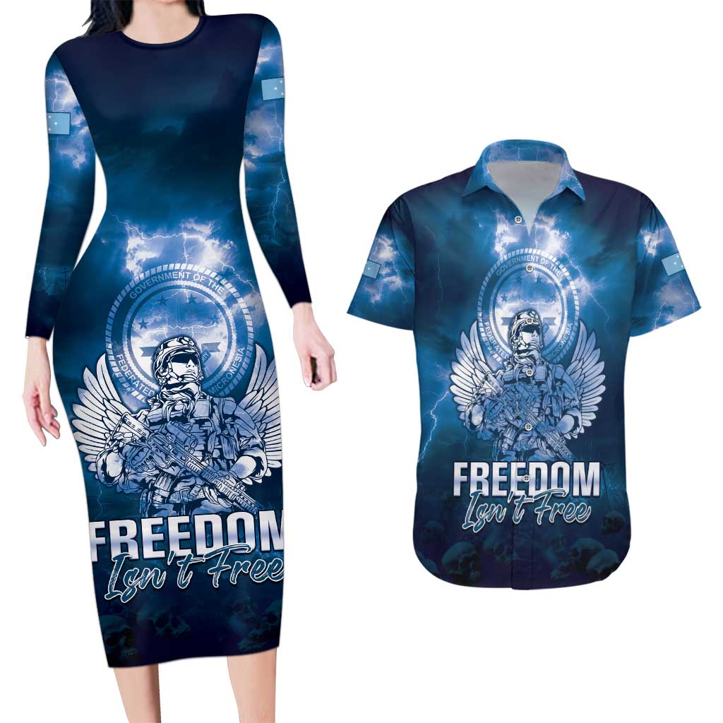 Federated States of Micronesia Veterans Day Couples Matching Long Sleeve Bodycon Dress and Hawaiian Shirt May We Never Forget Freedom Isn't Free