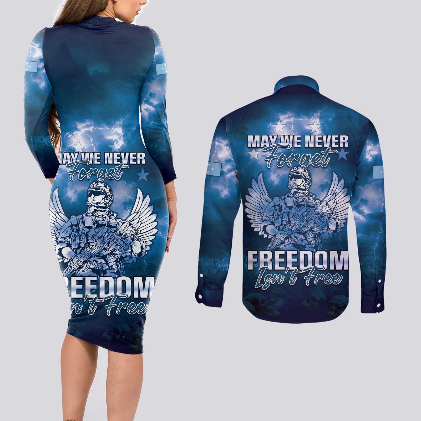 Federated States of Micronesia Veterans Day Couples Matching Long Sleeve Bodycon Dress and Long Sleeve Button Shirt May We Never Forget Freedom Isn't Free