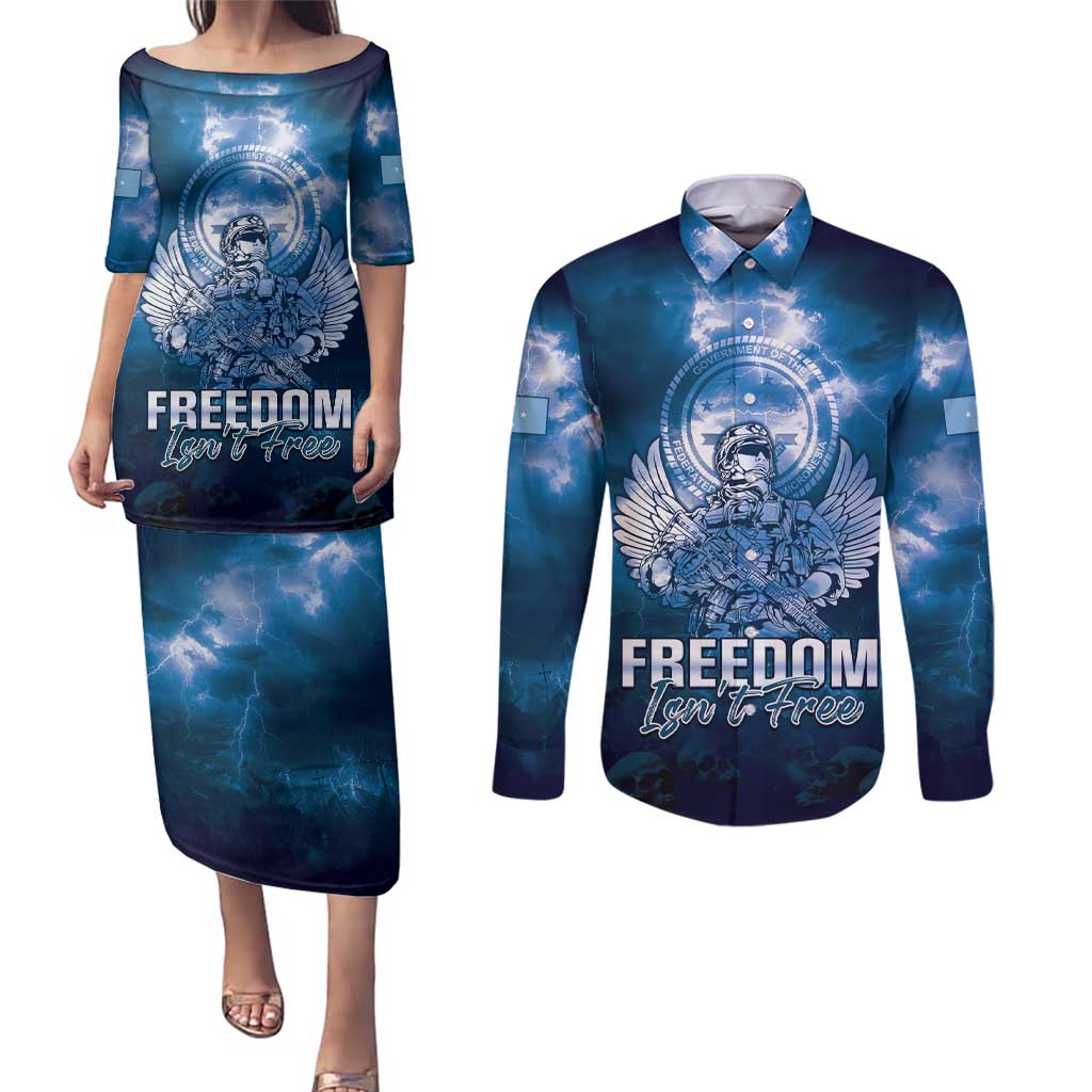 Federated States of Micronesia Veterans Day Couples Matching Puletasi and Long Sleeve Button Shirt May We Never Forget Freedom Isn't Free