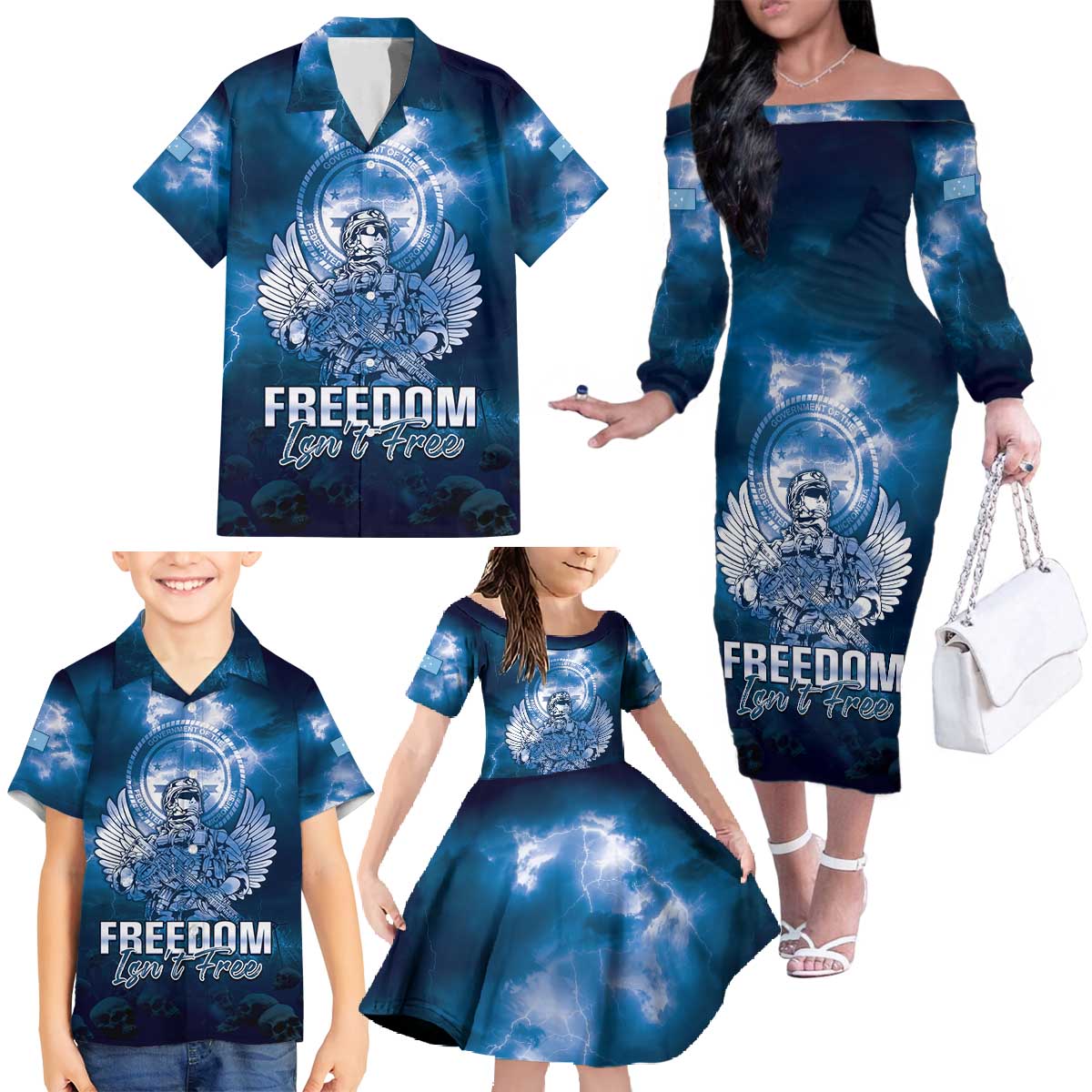 Federated States of Micronesia Veterans Day Family Matching Off The Shoulder Long Sleeve Dress and Hawaiian Shirt May We Never Forget Freedom Isn't Free