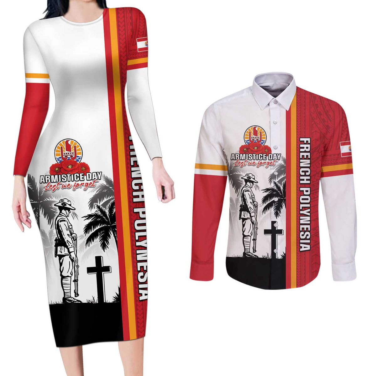 French Polynesia Armistice Day Couples Matching Long Sleeve Bodycon Dress and Long Sleeve Button Shirt Lest We Forget Flag Style LT05 Red - Polynesian Pride