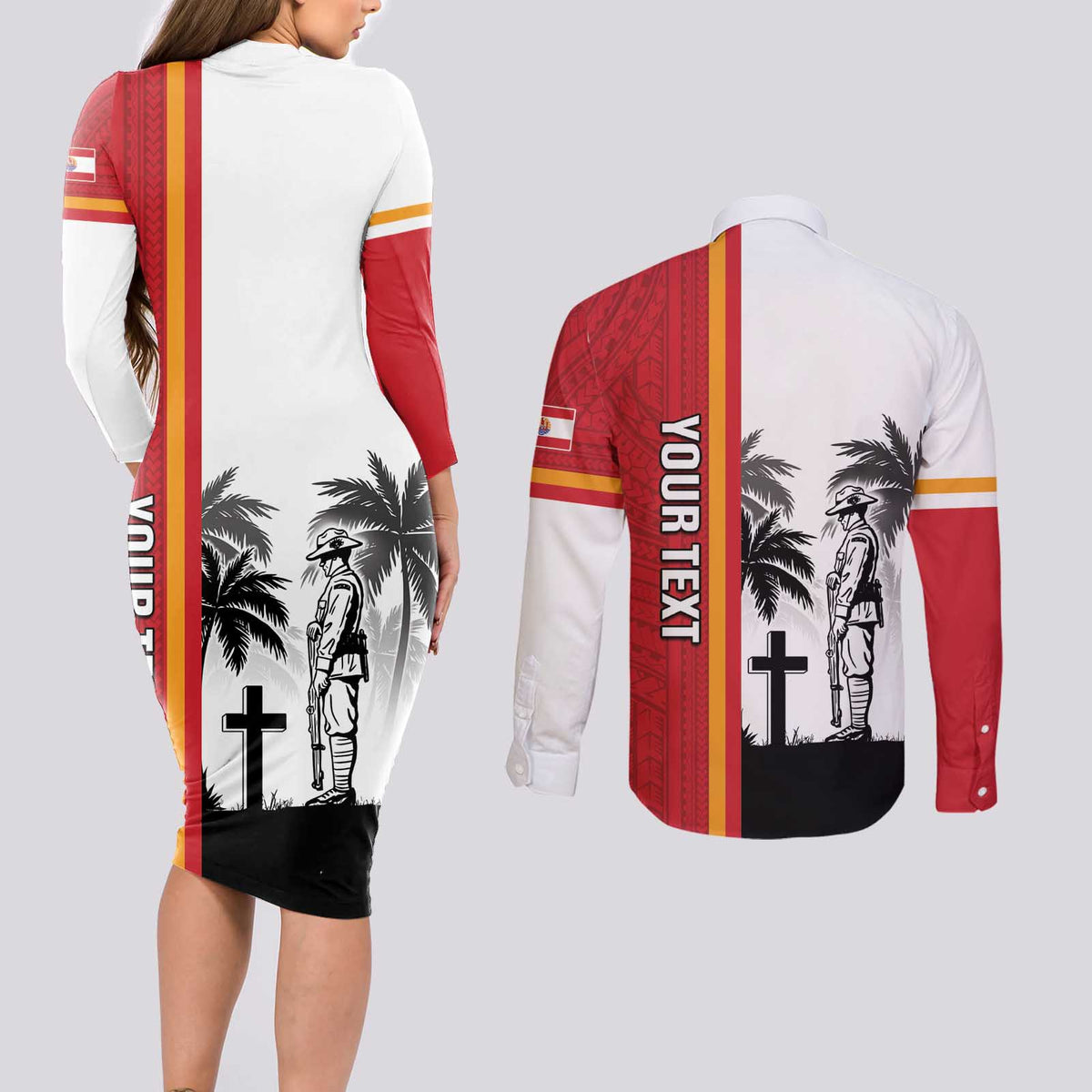 French Polynesia Armistice Day Couples Matching Long Sleeve Bodycon Dress and Long Sleeve Button Shirt Lest We Forget Flag Style LT05 - Polynesian Pride