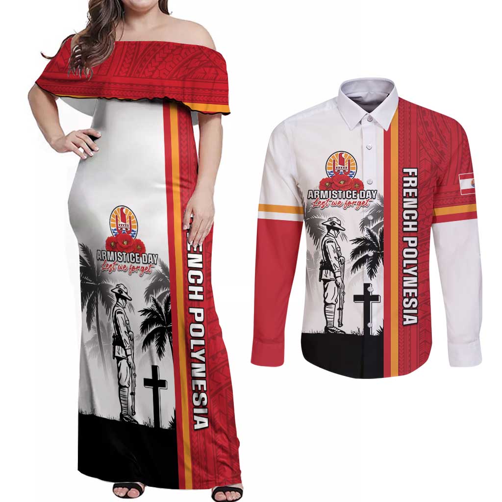 French Polynesia Armistice Day Couples Matching Off Shoulder Maxi Dress and Long Sleeve Button Shirt Lest We Forget Flag Style LT05 Red - Polynesian Pride