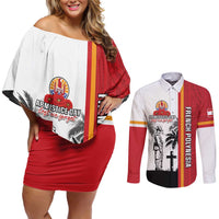 French Polynesia Armistice Day Couples Matching Off Shoulder Short Dress and Long Sleeve Button Shirt Lest We Forget Flag Style LT05 Red - Polynesian Pride
