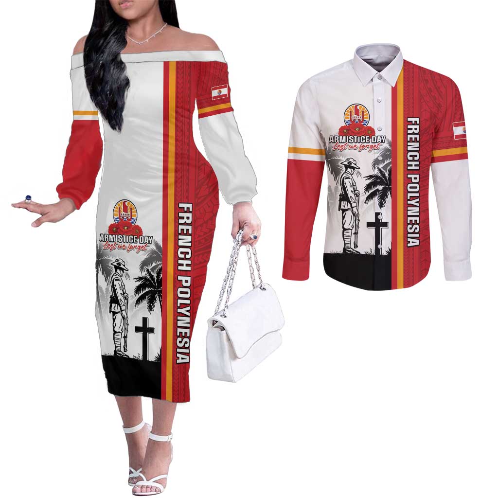 French Polynesia Armistice Day Couples Matching Off The Shoulder Long Sleeve Dress and Long Sleeve Button Shirt Lest We Forget Flag Style LT05 Red - Polynesian Pride