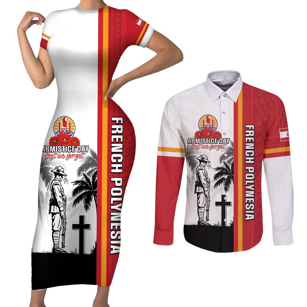 French Polynesia Armistice Day Couples Matching Short Sleeve Bodycon Dress and Long Sleeve Button Shirt Lest We Forget Flag Style LT05 Red - Polynesian Pride
