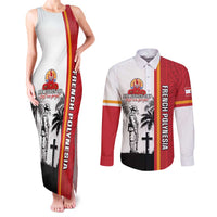 French Polynesia Armistice Day Couples Matching Tank Maxi Dress and Long Sleeve Button Shirt Lest We Forget Flag Style LT05 Red - Polynesian Pride