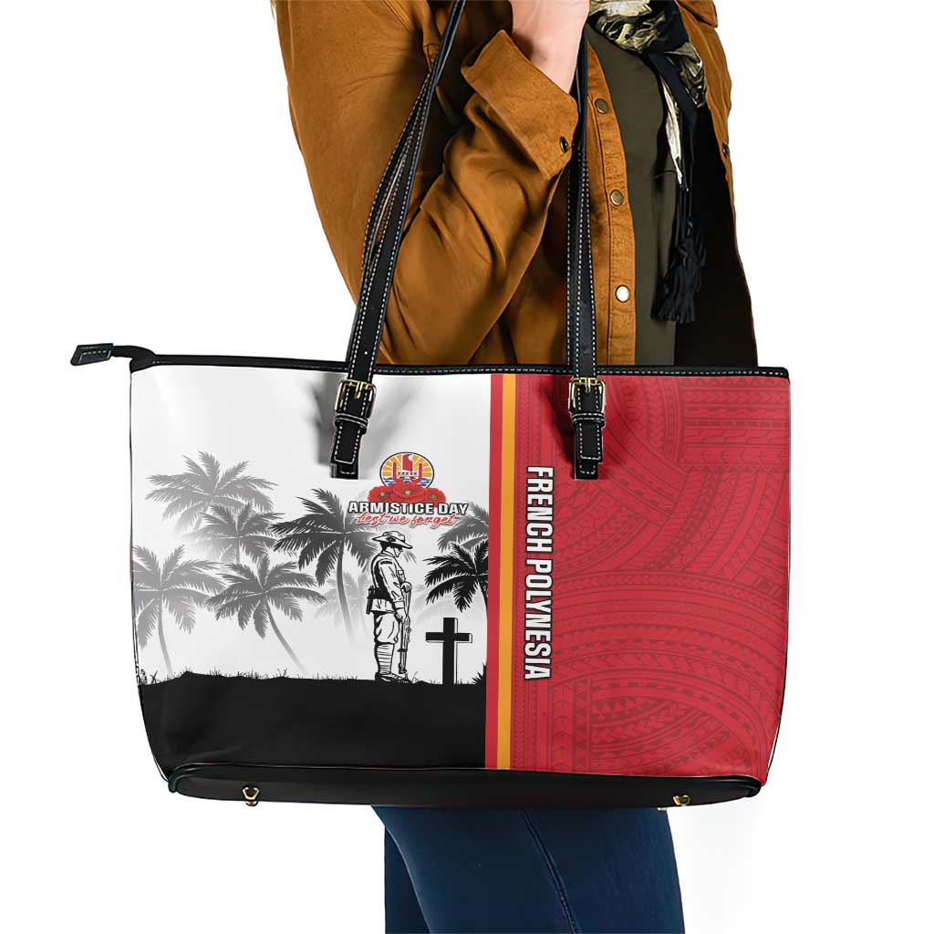 French Polynesia Armistice Day Leather Tote Bag Lest We Forget Flag Style LT05 - Polynesian Pride