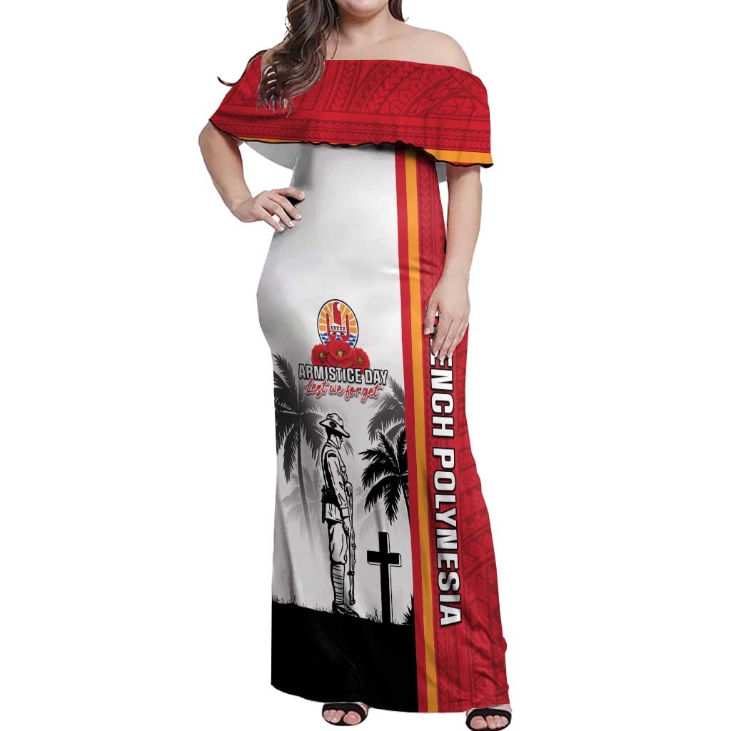 French Polynesia Armistice Day Off Shoulder Maxi Dress Lest We Forget Flag Style LT05 Women Red - Polynesian Pride
