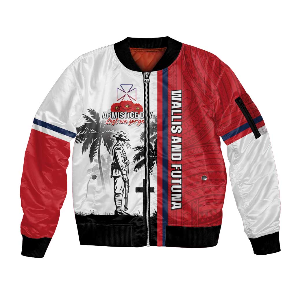 Wallis and Futuna Armistice Day Sleeve Zip Bomber Jacket Lest We Forget Flag Style