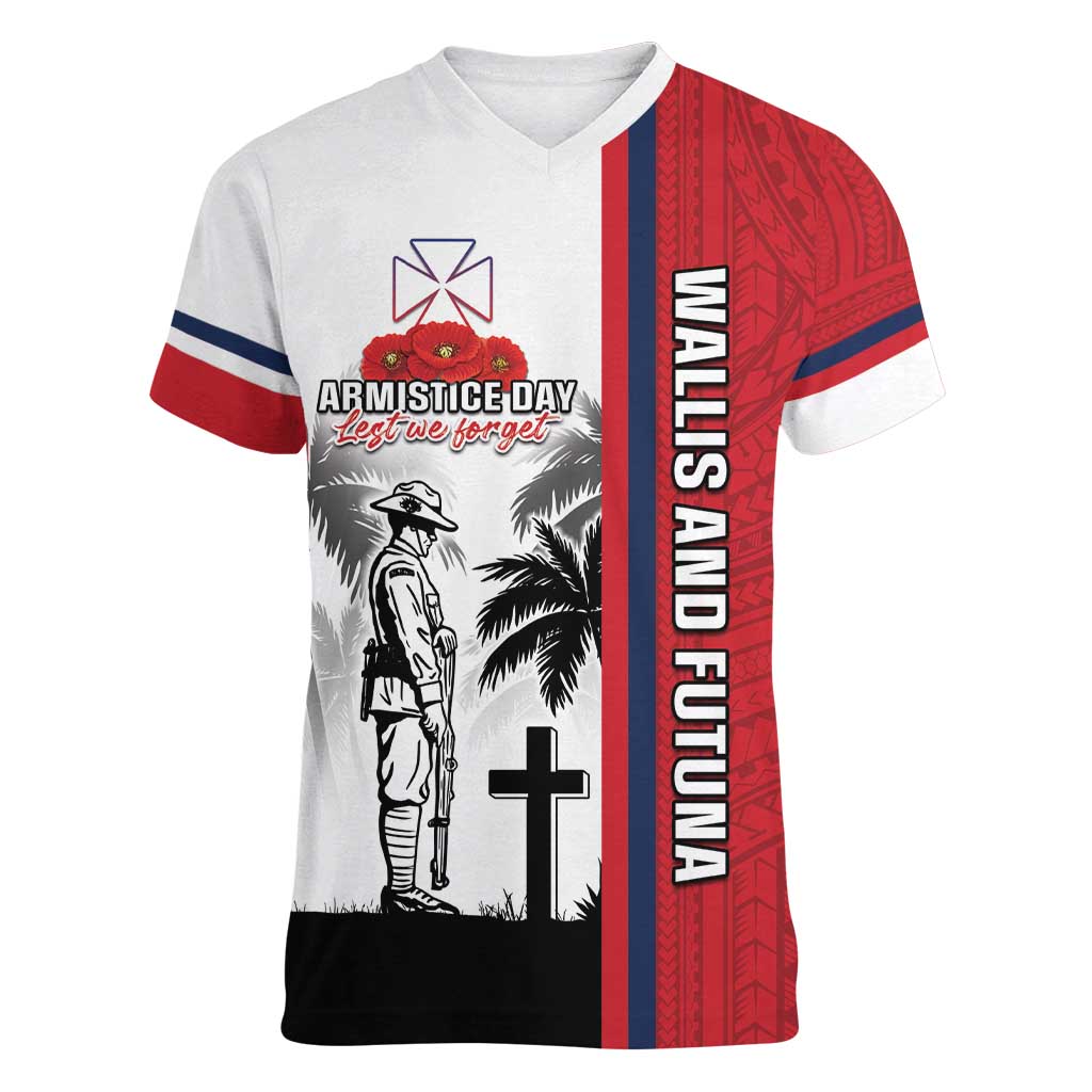 Wallis and Futuna Armistice Day Women V-Neck T-Shirt Lest We Forget Flag Style