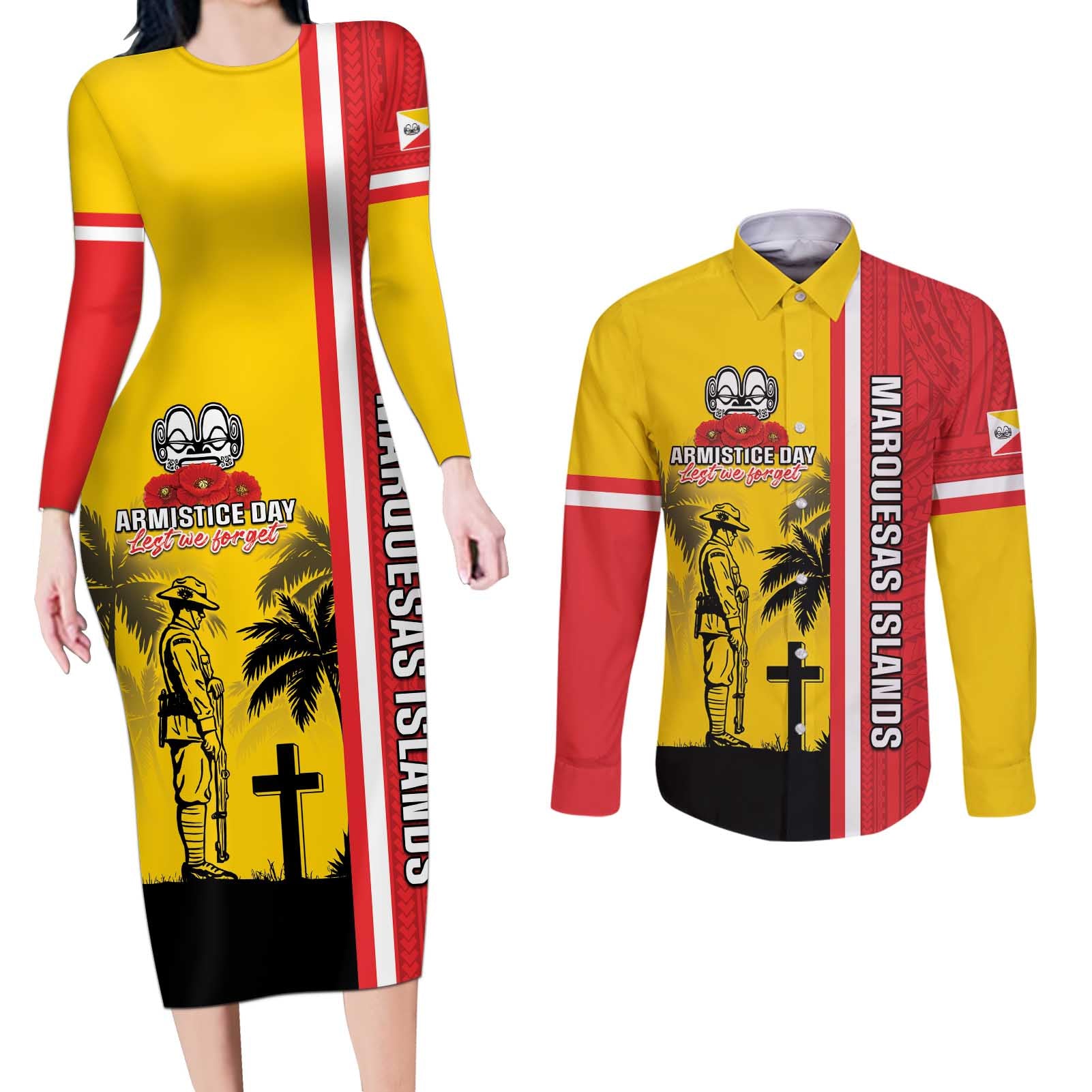 Marquesas Islands Armistice Day Couples Matching Long Sleeve Bodycon Dress and Long Sleeve Button Shirt Lest We Forget Flag Style