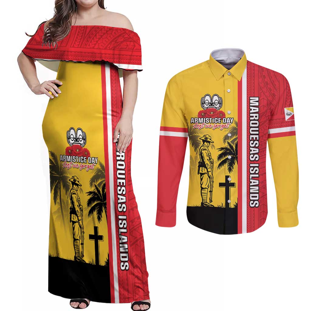 Marquesas Islands Armistice Day Couples Matching Off Shoulder Maxi Dress and Long Sleeve Button Shirt Lest We Forget Flag Style