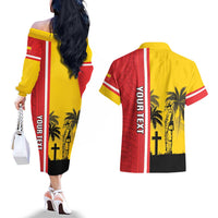 Marquesas Islands Armistice Day Couples Matching Off The Shoulder Long Sleeve Dress and Hawaiian Shirt Lest We Forget Flag Style