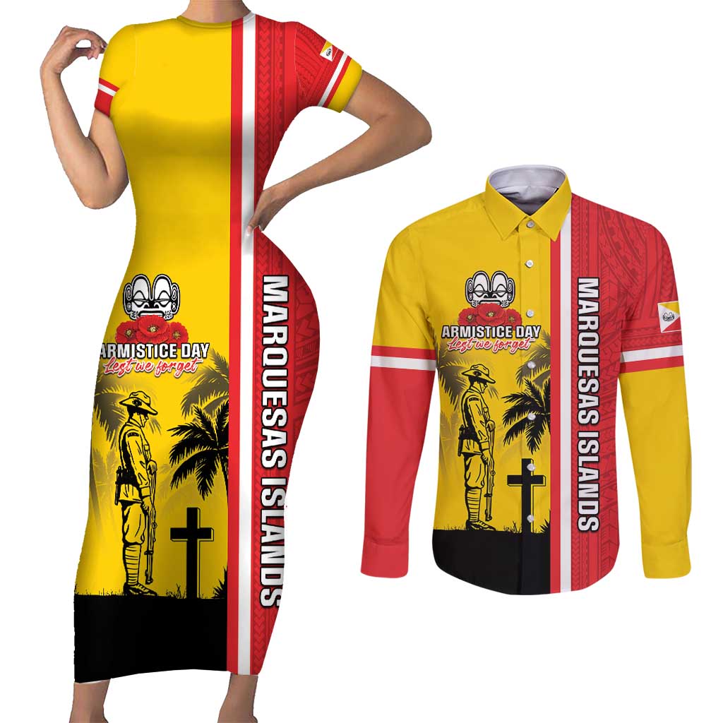 Marquesas Islands Armistice Day Couples Matching Short Sleeve Bodycon Dress and Long Sleeve Button Shirt Lest We Forget Flag Style