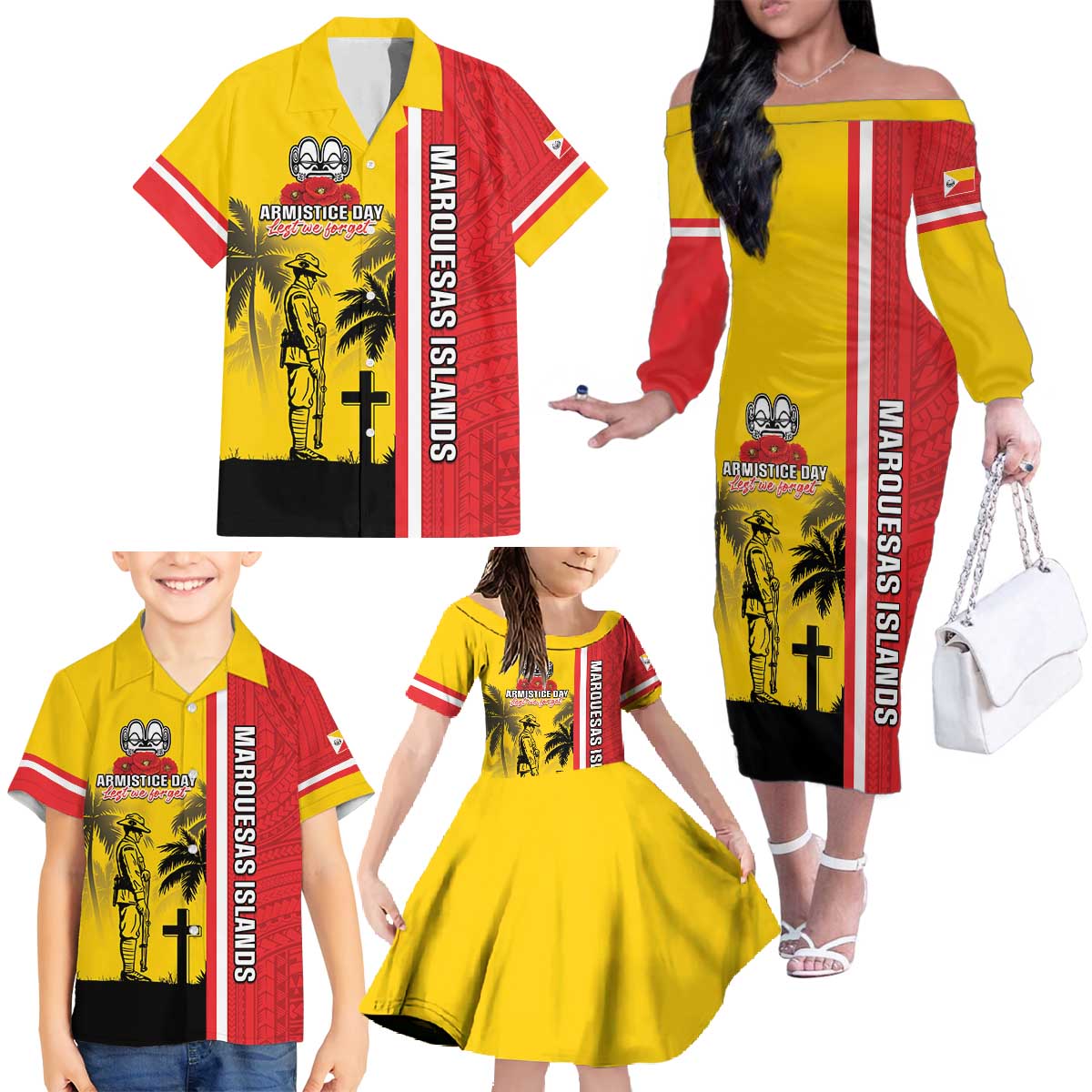 Marquesas Islands Armistice Day Family Matching Off The Shoulder Long Sleeve Dress and Hawaiian Shirt Lest We Forget Flag Style