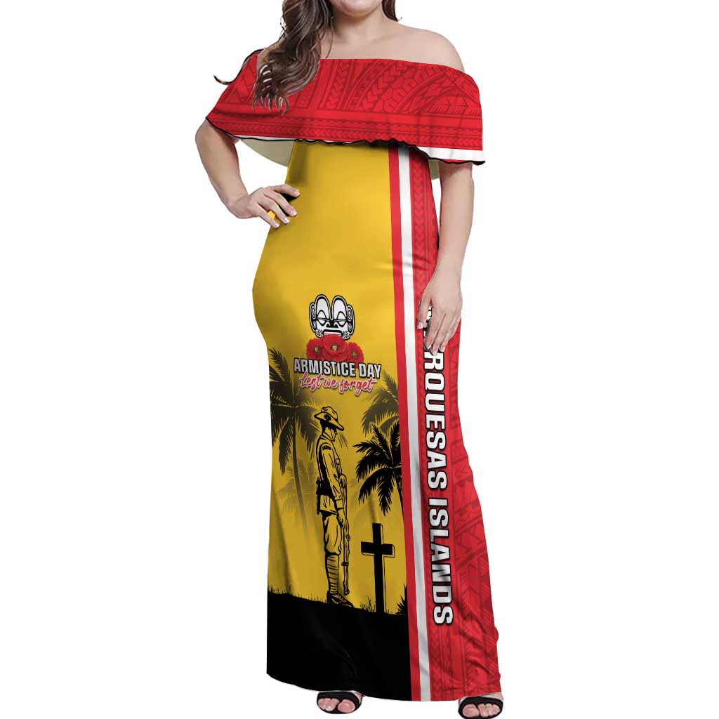 Marquesas Islands Armistice Day Off Shoulder Maxi Dress Lest We Forget Flag Style