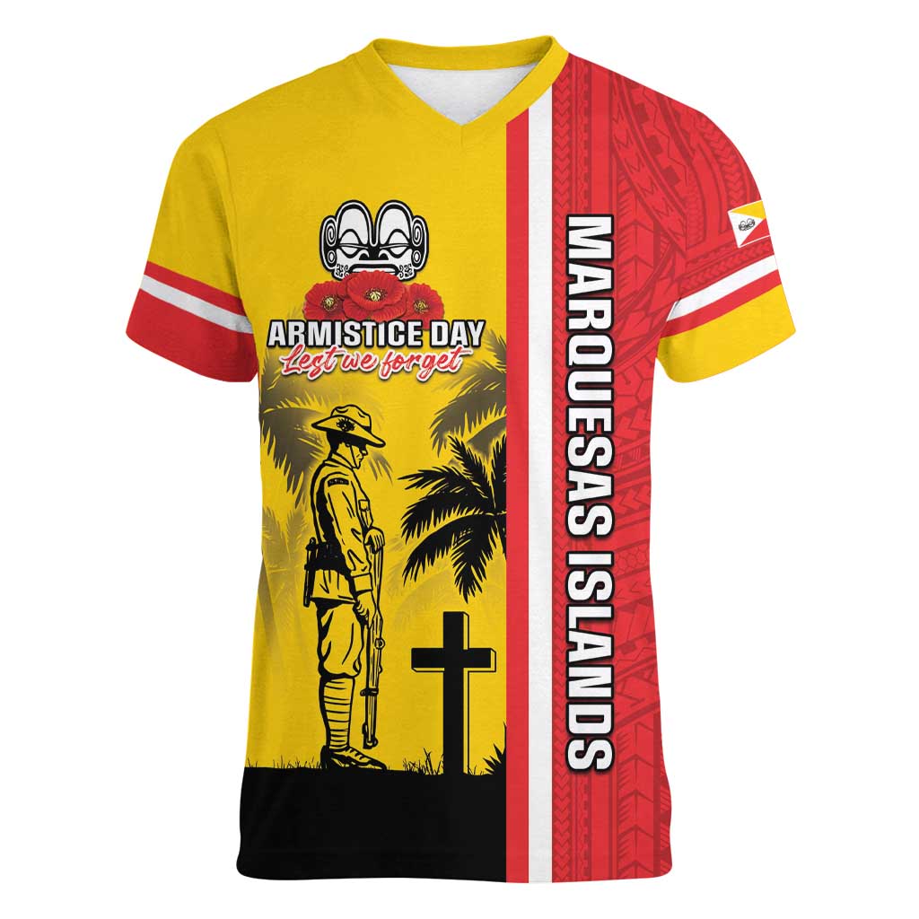 Marquesas Islands Armistice Day Women V-Neck T-Shirt Lest We Forget Flag Style