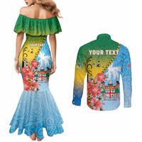 Personalised Malampa Fiji Day Couples Matching Mermaid Dress and Long Sleeve Button Shirt Tribal Pattern With Tropical Flowers - Polynesian Pride