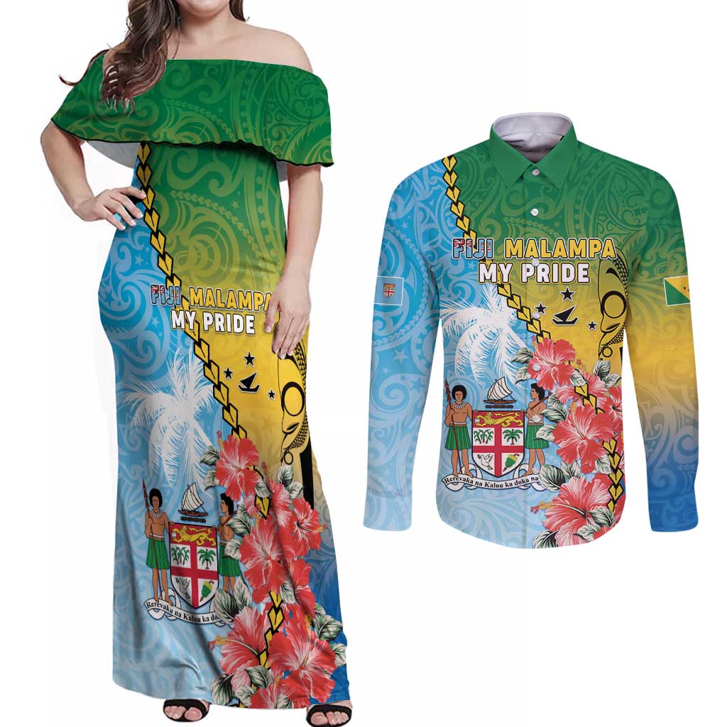 Personalised Malampa Fiji Day Couples Matching Off Shoulder Maxi Dress and Long Sleeve Button Shirt Tribal Pattern With Tropical Flowers - Polynesian Pride