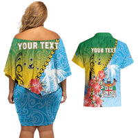 Personalised Malampa Fiji Day Couples Matching Off Shoulder Short Dress and Hawaiian Shirt Tribal Pattern With Tropical Flowers - Polynesian Pride