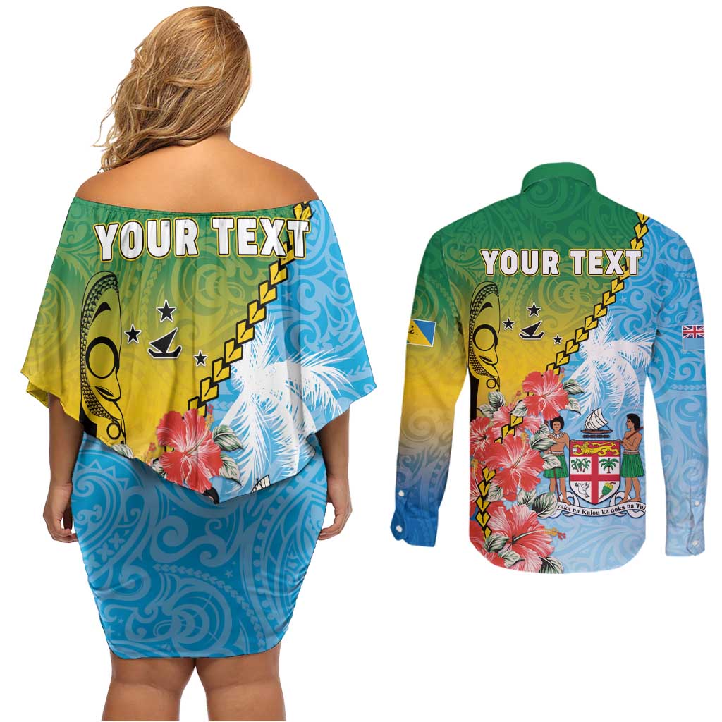 Personalised Malampa Fiji Day Couples Matching Off Shoulder Short Dress and Long Sleeve Button Shirt Tribal Pattern With Tropical Flowers - Polynesian Pride