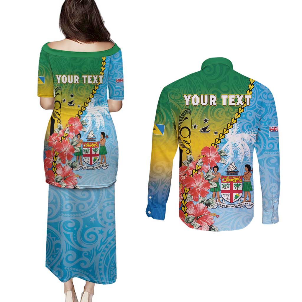 Personalised Malampa Fiji Day Couples Matching Puletasi and Long Sleeve Button Shirt Tribal Pattern With Tropical Flowers - Polynesian Pride