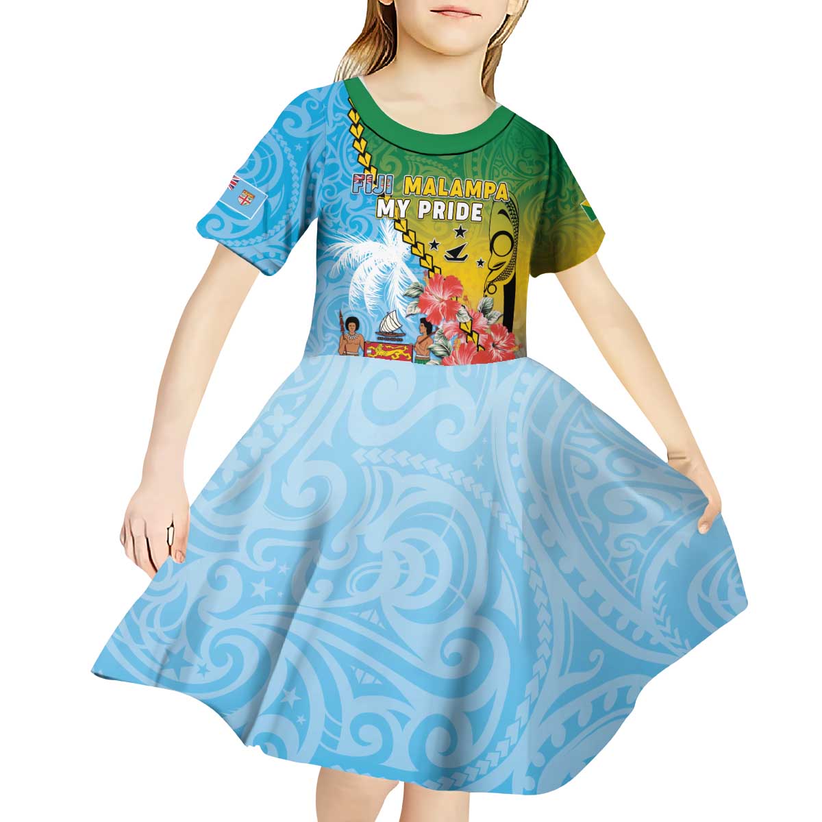 Personalised Malampa Fiji Day Kid Short Sleeve Dress Tribal Pattern With Tropical Flowers - Polynesian Pride