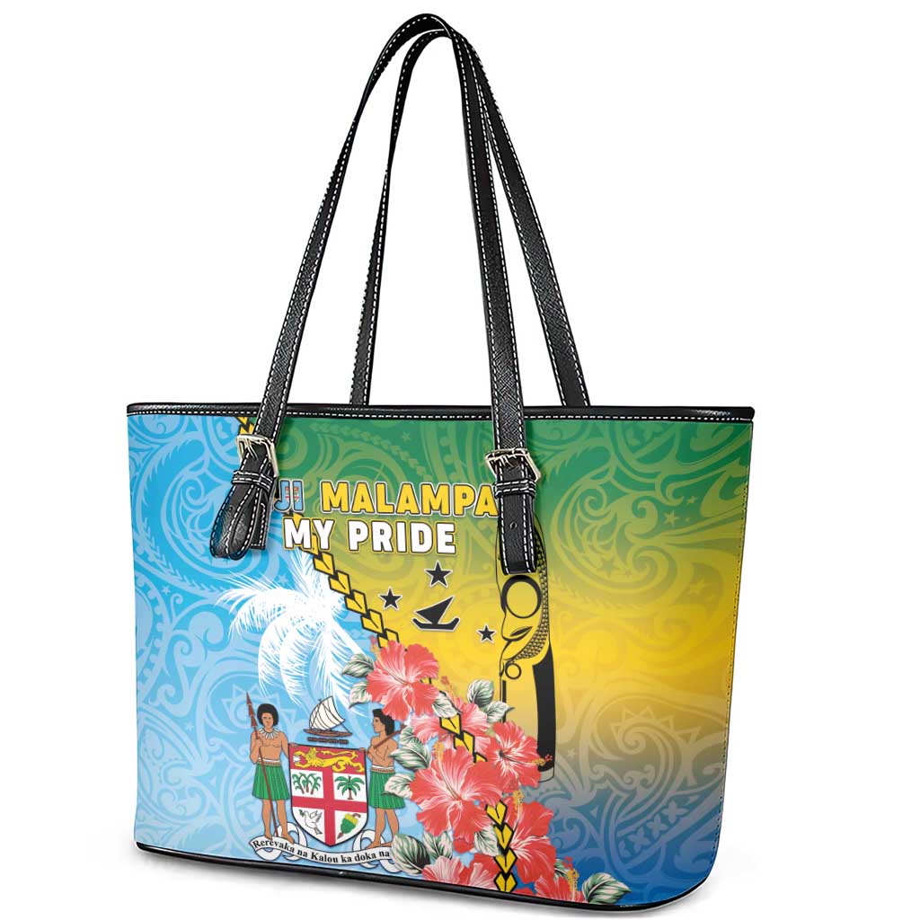 Malampa Fiji Day Leather Tote Bag Tribal Pattern With Tropical Flowers - Polynesian Pride