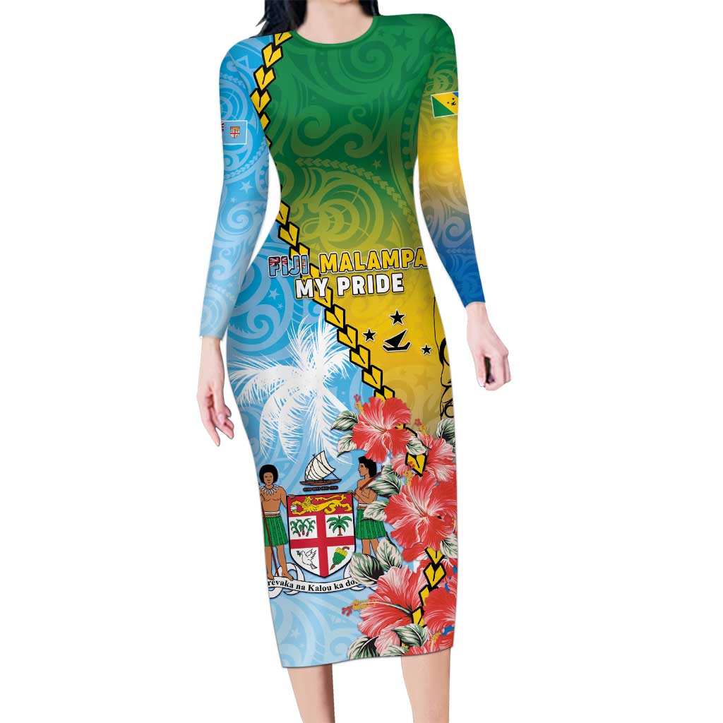 Personalised Malampa Fiji Day Long Sleeve Bodycon Dress Tribal Pattern With Tropical Flowers - Polynesian Pride