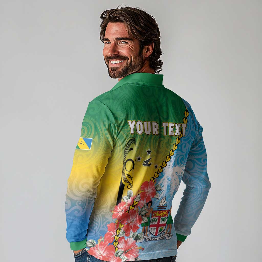Personalised Malampa Fiji Day Long Sleeve Polo Shirt Tribal Pattern With Tropical Flowers - Polynesian Pride