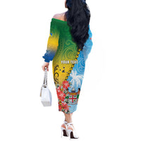 Personalised Malampa Fiji Day Off The Shoulder Long Sleeve Dress Tribal Pattern With Tropical Flowers - Polynesian Pride