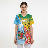 Personalised Malampa Fiji Day Scrub Top Tribal Pattern With Tropical Flowers - Polynesian Pride