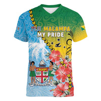 Personalised Malampa Fiji Day Women V-Neck T-Shirt Tribal Pattern With Tropical Flowers - Polynesian Pride