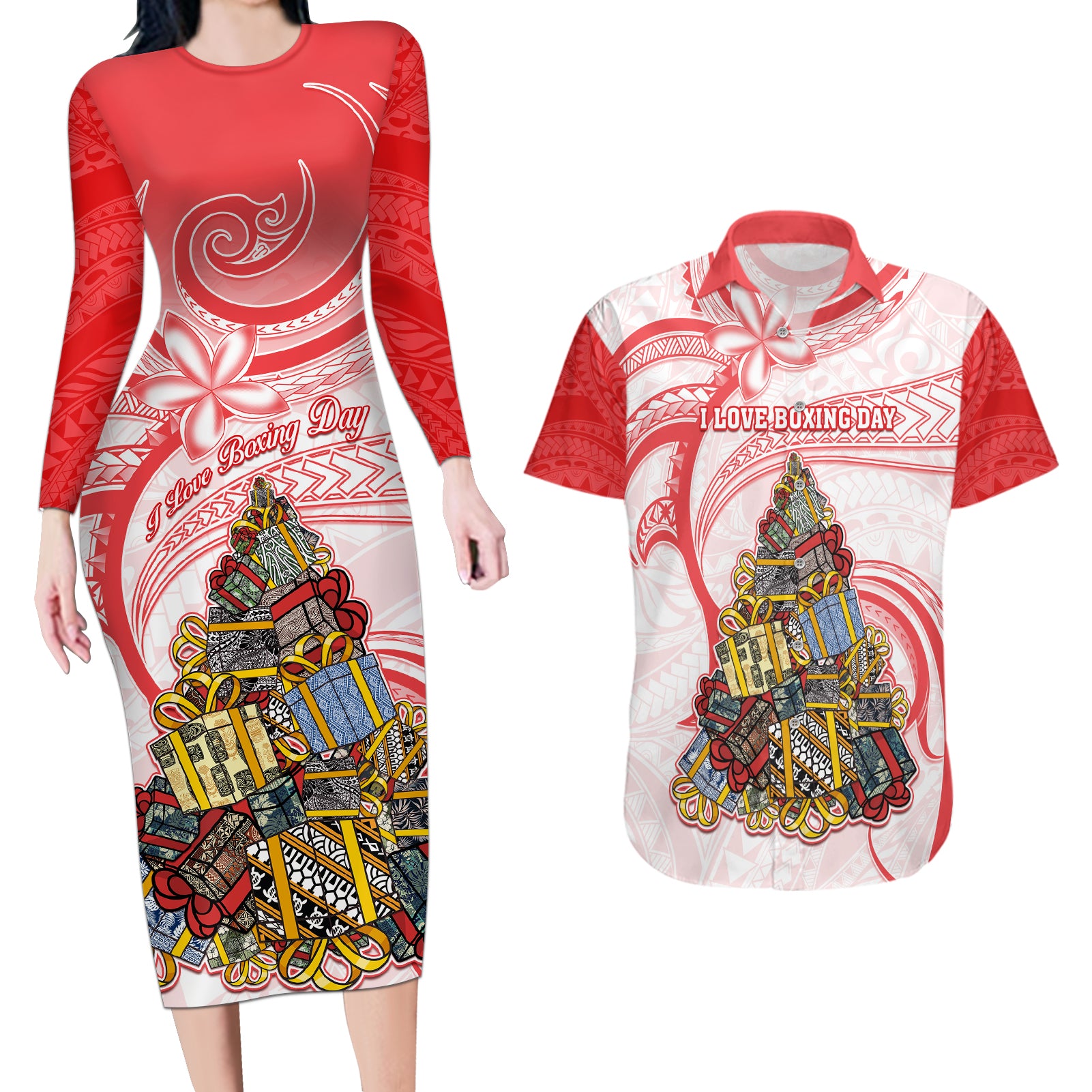 Personalized Happy Boxing Day Couples Matching Long Sleeve Bodycon Dress and Hawaiian Shirt Polynesian Gift Boxes Christmas Tree LT05 Red - Polynesian Pride