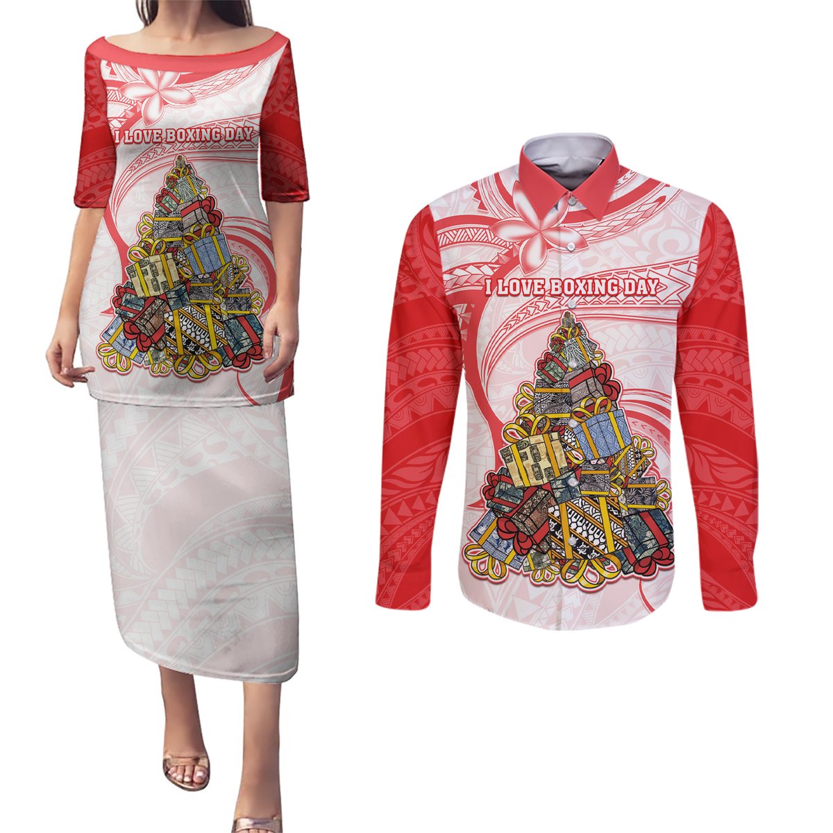 Personalized Happy Boxing Day Couples Matching Puletasi Dress and Long Sleeve Button Shirts Polynesian Gift Boxes Christmas Tree LT05 Red - Polynesian Pride