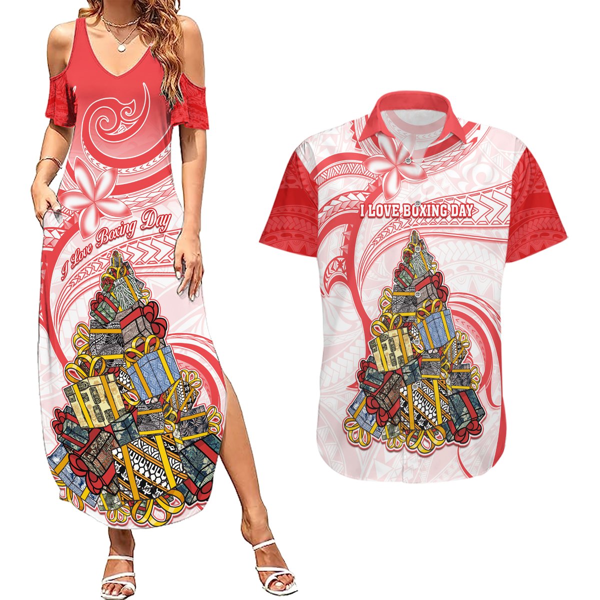 Personalized Happy Boxing Day Couples Matching Summer Maxi Dress and Hawaiian Shirt Polynesian Gift Boxes Christmas Tree LT05 Red - Polynesian Pride
