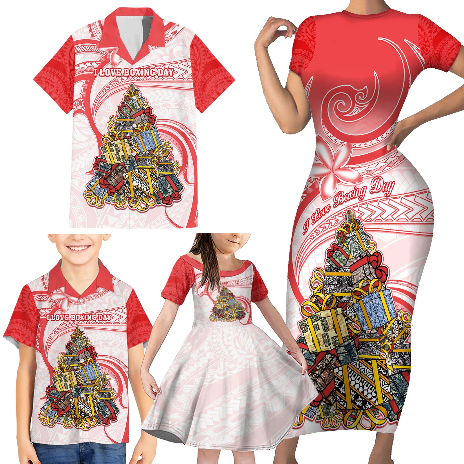 Personalized Happy Boxing Day Family Matching Short Sleeve Bodycon Dress and Hawaiian Shirt Polynesian Gift Boxes Christmas Tree LT05 - Polynesian Pride