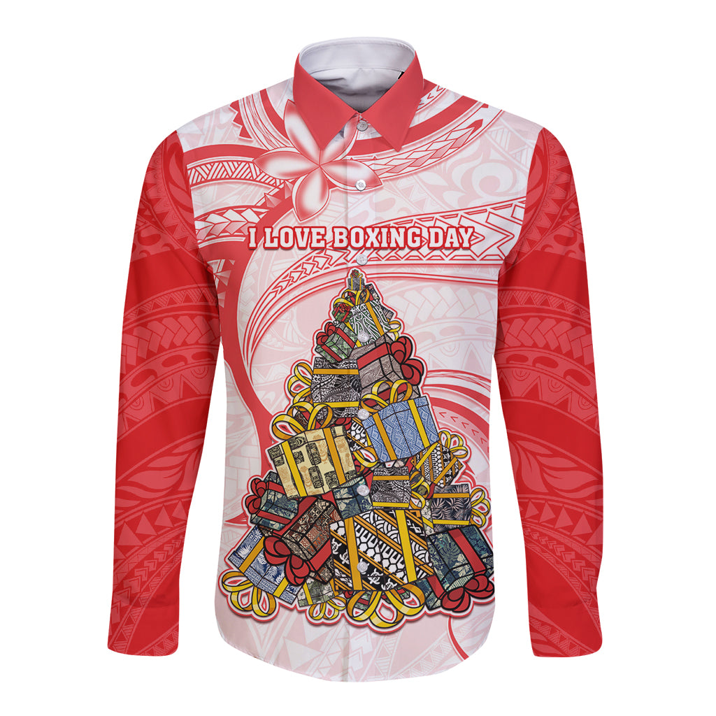 Personalized Happy Boxing Day Long Sleeve Button Shirt Polynesian Gift Boxes Christmas Tree LT05 Unisex Red - Polynesian Pride