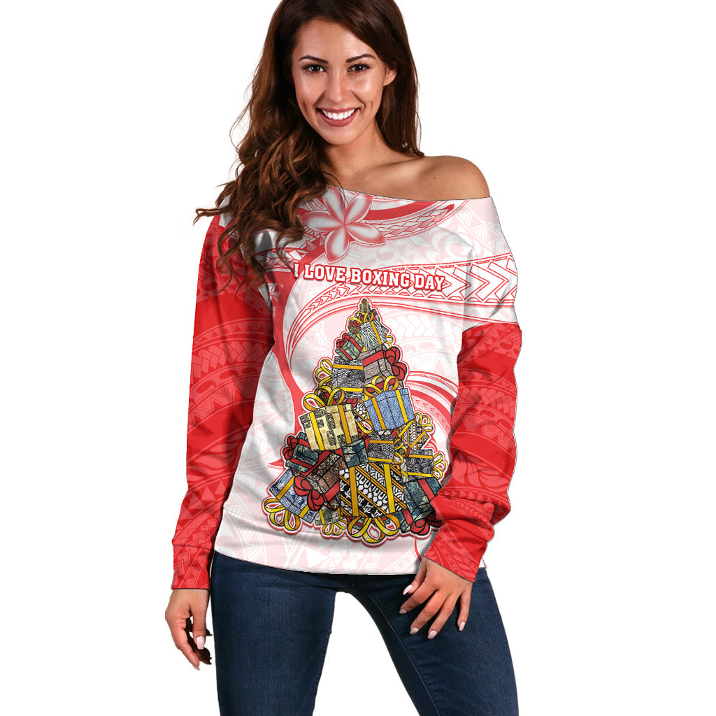 Personalized Happy Boxing Day Off Shoulder Sweater Polynesian Gift Boxes Christmas Tree LT05 Women Red - Polynesian Pride
