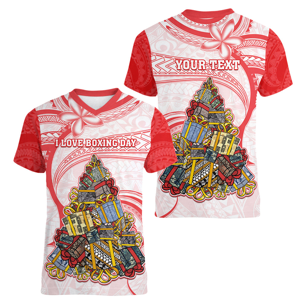 Personalized Happy Boxing Day Women V Neck T Shirt Polynesian Gift Boxes Christmas Tree LT05 - Polynesian Pride
