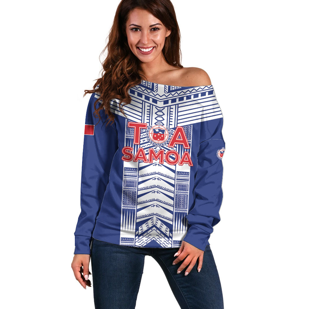 Custom Rugby Toa Samoa Off Shoulder Sweater Samoan Tatau Blue Version LT05 Women Blue - Polynesian Pride