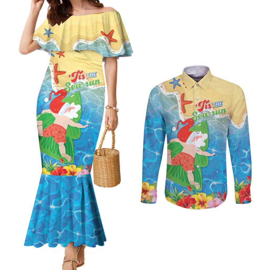 Christmas In Hawaii Couples Matching Mermaid Dress and Long Sleeve Button Shirt Tis The Sea Sun