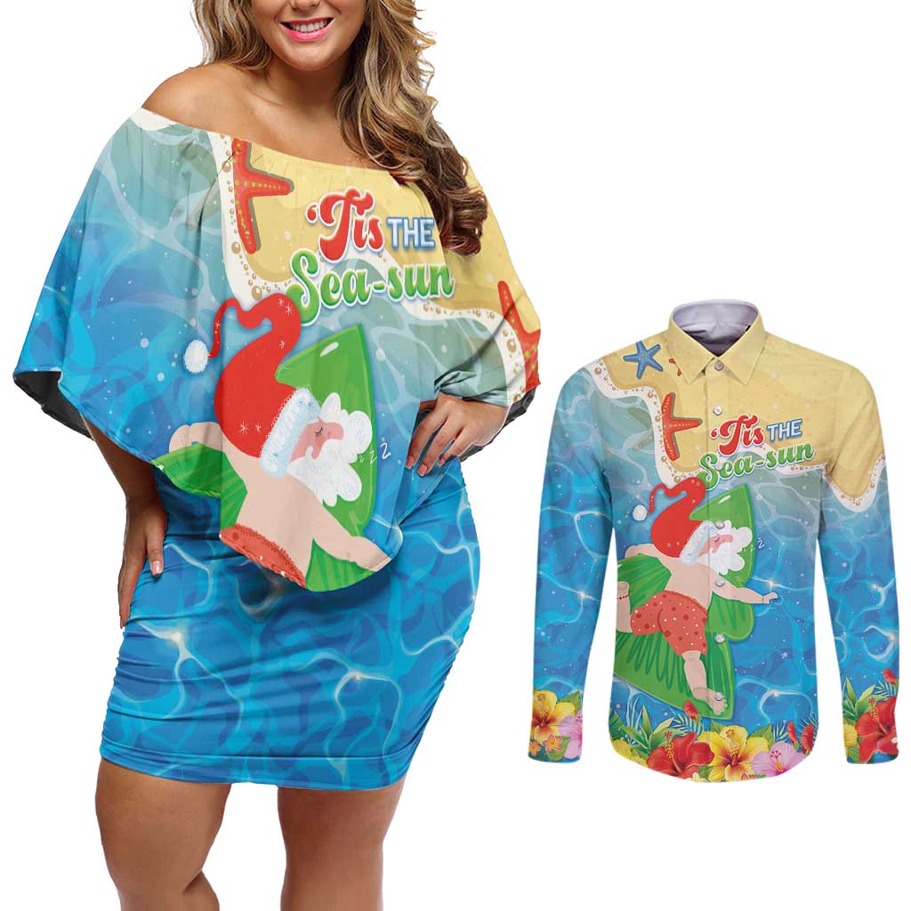 Christmas In Hawaii Couples Matching Off Shoulder Short Dress and Long Sleeve Button Shirt Tis The Sea Sun