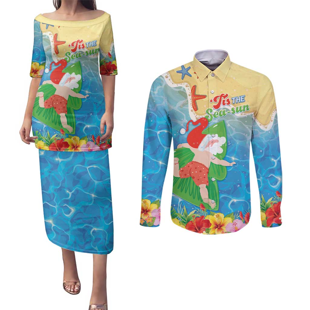 Christmas In Hawaii Couples Matching Puletasi and Long Sleeve Button Shirt Tis The Sea Sun