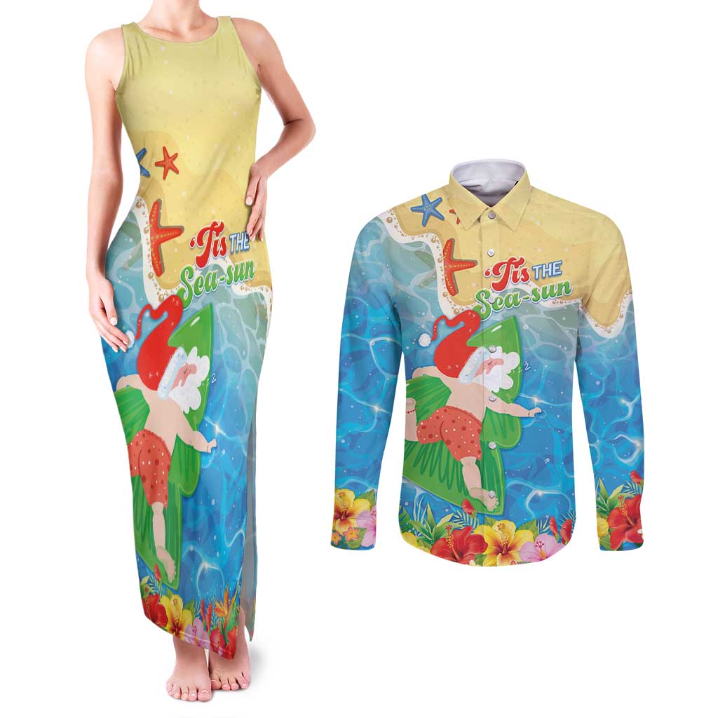 Christmas In Hawaii Couples Matching Tank Maxi Dress and Long Sleeve Button Shirt Tis The Sea Sun