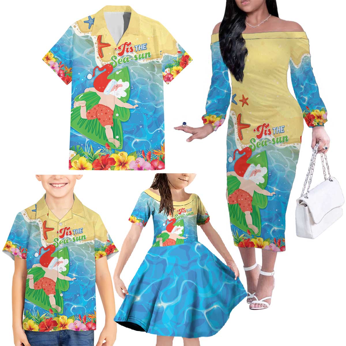 Christmas In Hawaii Family Matching Off The Shoulder Long Sleeve Dress and Hawaiian Shirt Tis The Sea Sun