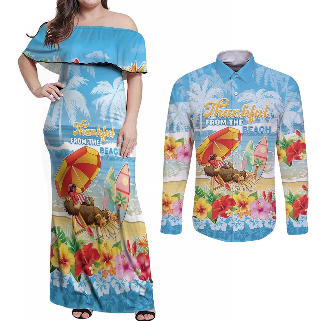 Personalised Hawaii Funny Thanksgiving Couples Matching Off Shoulder Maxi Dress and Long Sleeve Button Shirt Thankful From The Beach LT05 Blue - Polynesian Pride