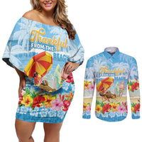 Personalised Hawaii Funny Thanksgiving Couples Matching Off Shoulder Short Dress and Long Sleeve Button Shirt Thankful From The Beach LT05 Blue - Polynesian Pride